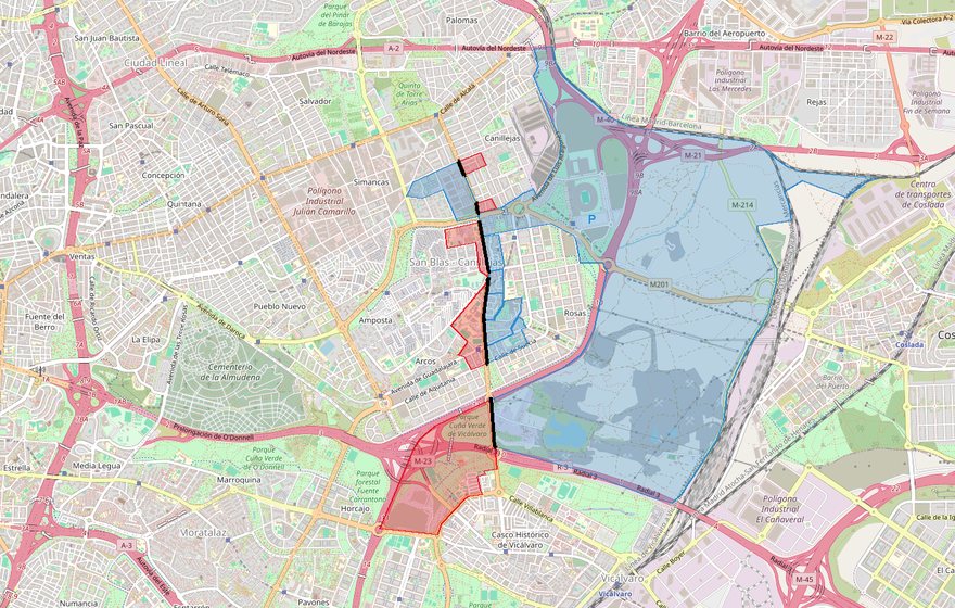 Plano de la avenida de Canillejas a Vicálvaro, en San Blas-Canillejas, con secciones donde ganó el PP en azul y donde ganó el PSOE en rojo a los dos lados de la avenida.