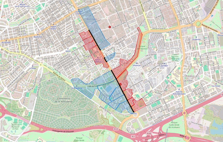 Plano de la calle de los Hermanos García Noblejas, en Madrid, con las secciones censales a los dos lados. En el tramo norte, el PP ganó al este y el PSOE al oeste; en el tramo sur, el PP ganó al oeste y el PSOE al este.