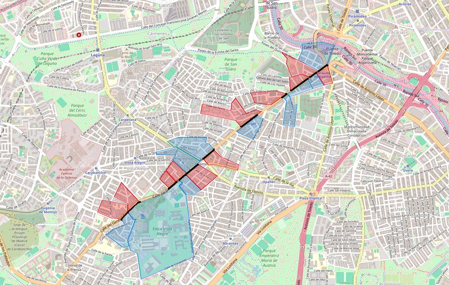 Plano de la calle del General Ricardos, en Carabanchel: a lo largo de la calle se alternan secciones donde ganó el PP, en azul, y donde ganó el PSOE, en rojo.