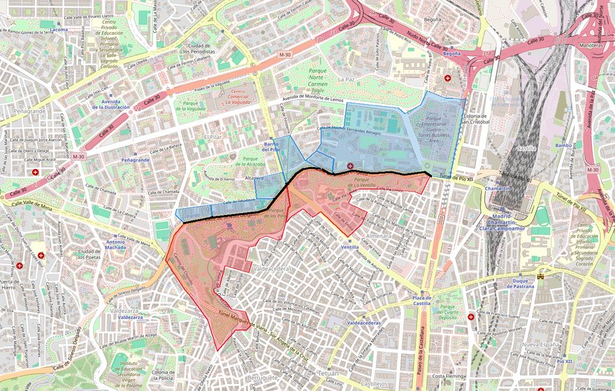 Plano de la calle de Sinesio Delgado, en Madrid: al norte, en azul, secciones de Fuencarral-El Pardo donde ganó el PP; al sur, en rojo, secciones de Tetuán donde ganó el PSOE.