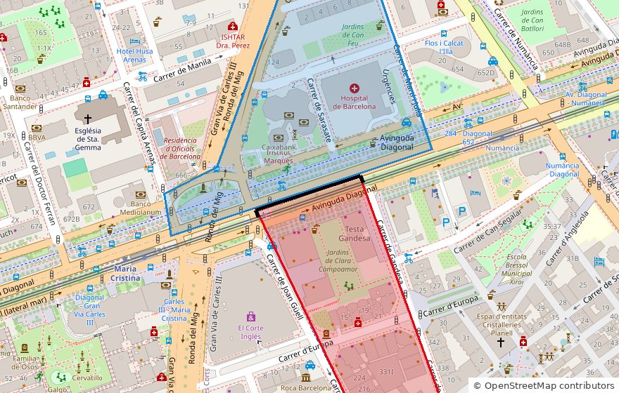 Plano de la avenida Diagonal en Les Corts, Barcelona, con dos secciones censales: al norte, en azul, donde ganó el PP; al sur, en rojo, donde ganó el PSC.