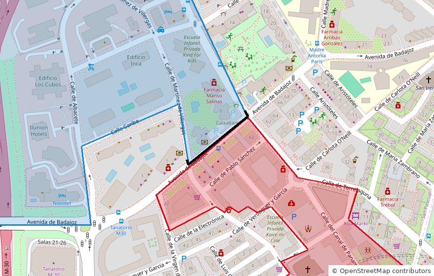 Plano de la avenida de Badajoz, en Madrid, con dos secciones censales: al norte, en azul, la de la calle de Albacete, donde ganó el PP; al sur, en rojo, la de la calle de Pablo Sánchez, donde ganó el PSOE.