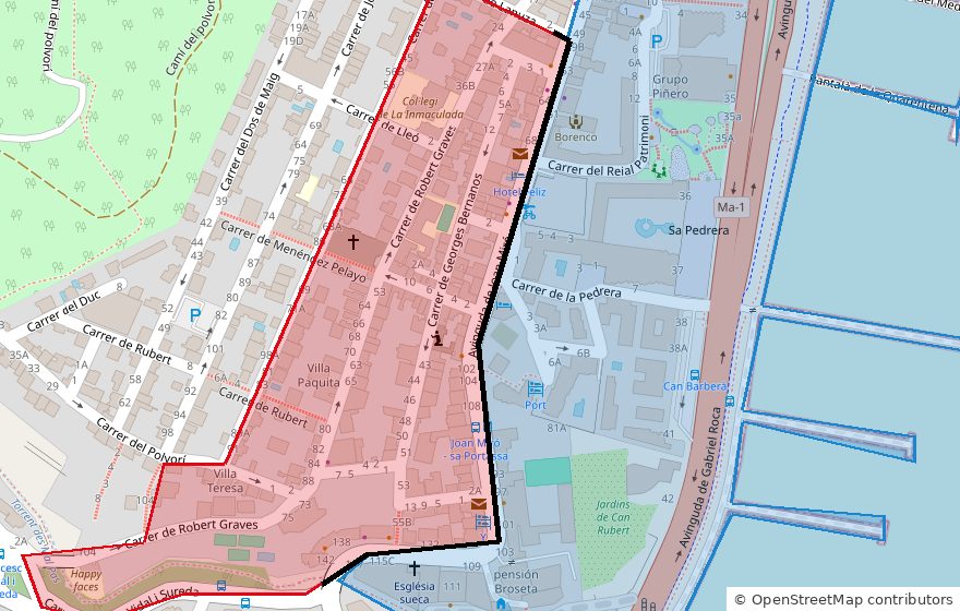 Plano de la avenida de Joan Miró en El Terreno, Palma, con dos secciones censales: hacia la montaña, en rojo, donde ganó el PSOE; hacia el mar, en azul, donde ganó el PP.