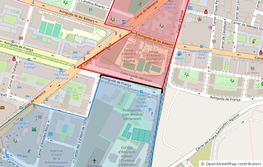 Plano de la avenida de Francia en València con las dos secciones censales: al norte, en rojo, la de El Grau, donde ganó el PSOE; al sur, en azul, la de Penya-roja, donde ganó el PP. Una línea negra marca el límite que comparten.