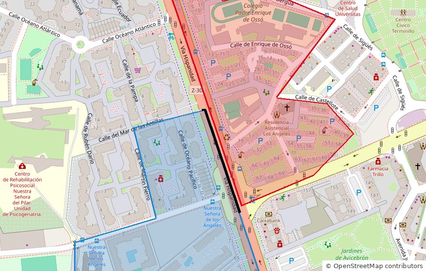 Plano de la Vía Hispanidad, en Zaragoza, con dos secciones censales: al este, en rojo, una de Delicias, donde ganó el PSOE; al oeste, en azul, una de Oliver-Valdefierro, donde ganó el PP.