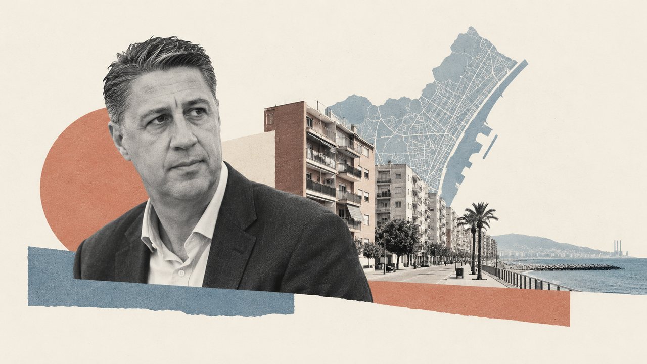 Xavier García Albiol, con el paseo marítimo y el plano de Badalona: un collage.