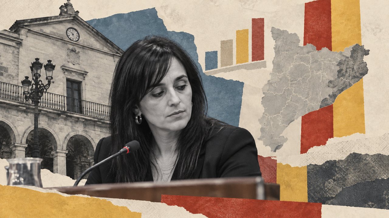 Sílvia Orriols, un ayuntamiento, unas barras y un mapa de Cataluña: un collage.