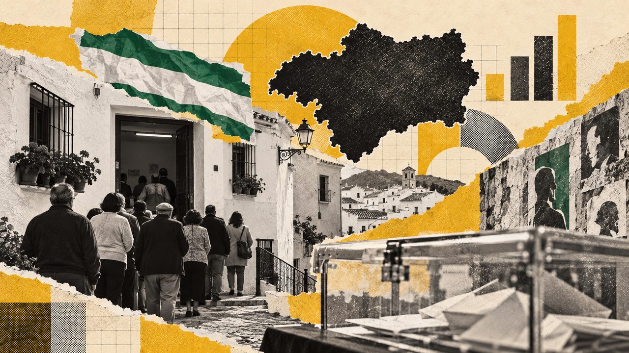 Collage sobre las elecciones en Andalucía: la bandera, el mapa y vecinos votando.