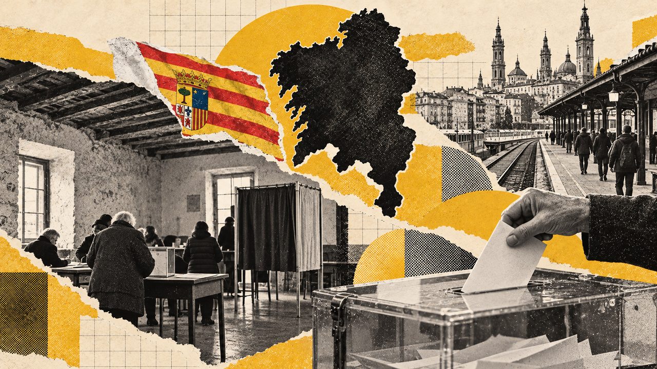 Collage sobre las elecciones en Aragón: la bandera, el mapa y vecinos votando.