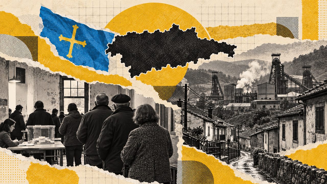 Collage sobre las elecciones en Asturias: la bandera, el mapa y vecinos votando.