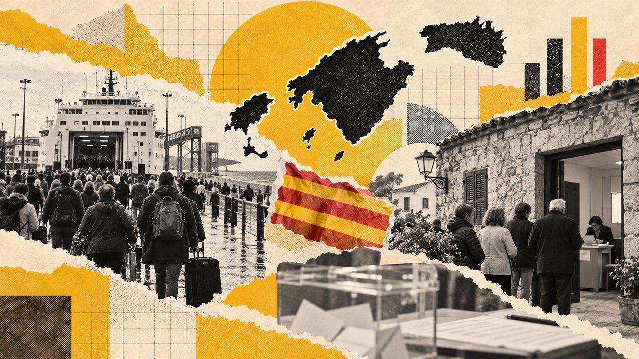 Collage sobre las elecciones en Illes Balears: la bandera, el mapa y vecinos votando.