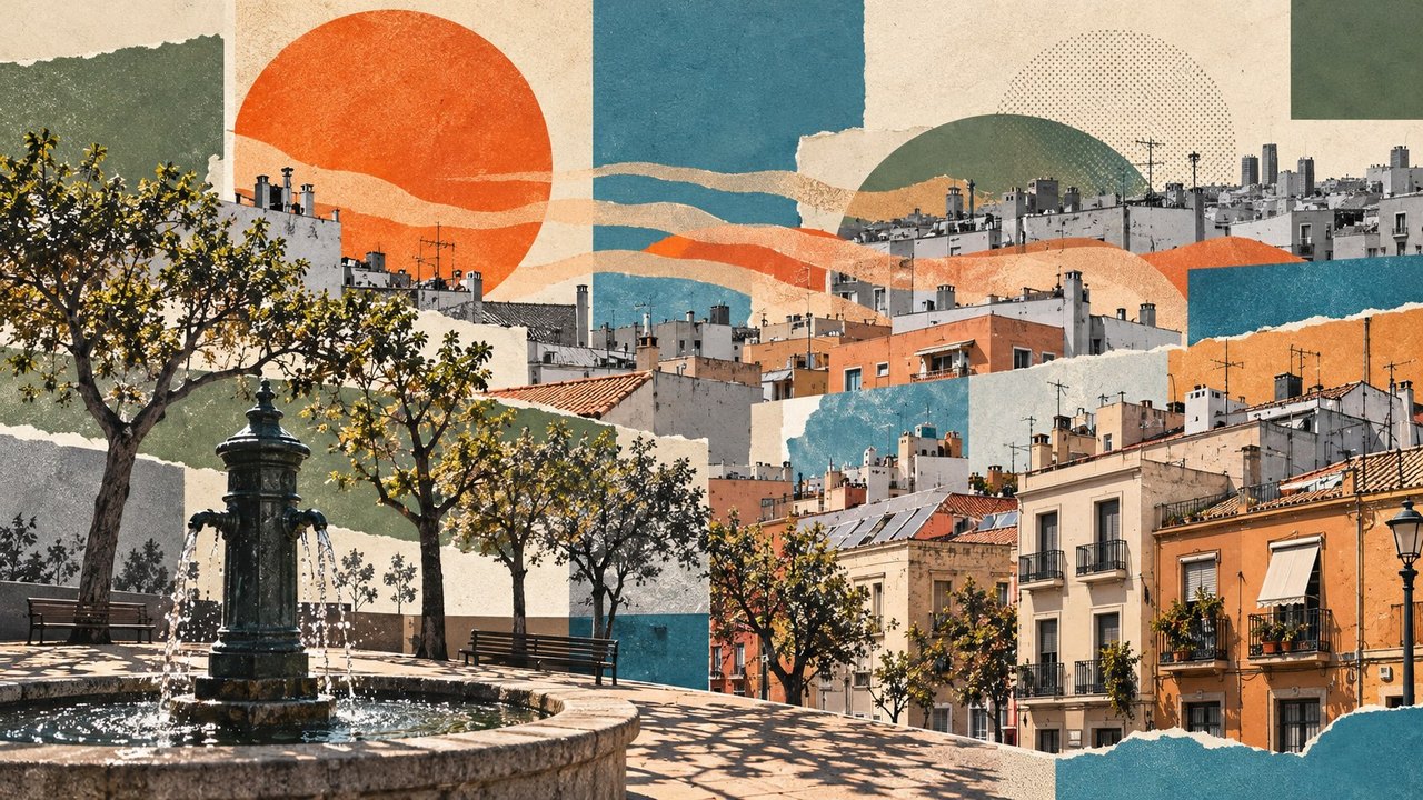 Azoteas, árboles y una fuente: una ciudad mediterránea en collage.
