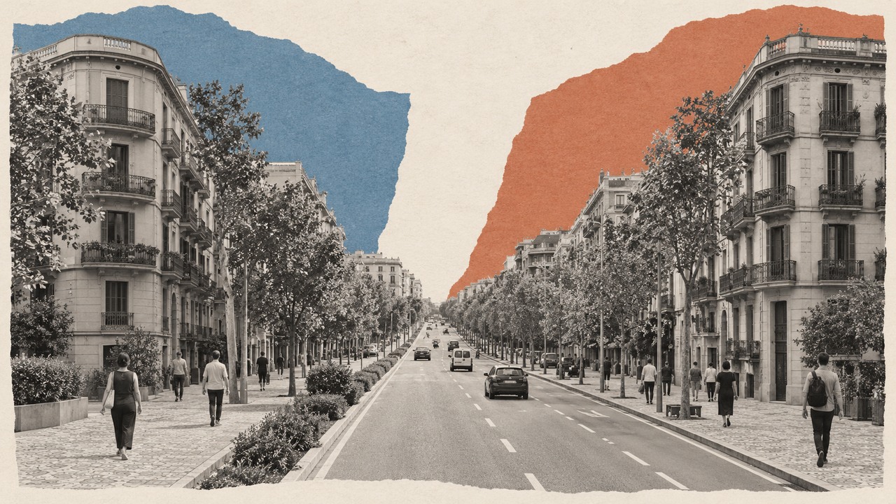 Una avenida arbolada de Barcelona partida en dos, con el cielo azul a un lado y rojo al otro: un collage.