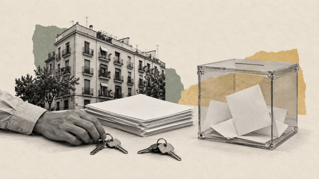 Una mano recoge unas llaves junto a un fajo de contratos, un edificio de viviendas y una urna transparente.