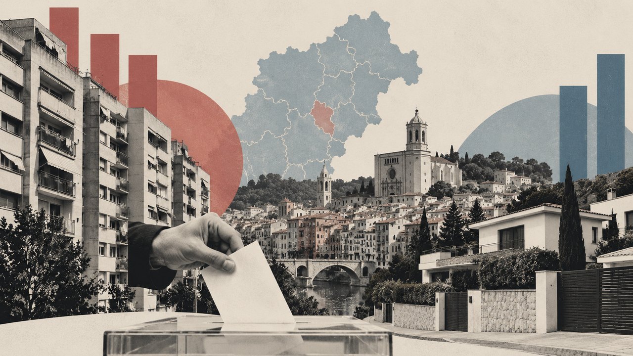 Blocs dels anys setanta, l'Onyar i la Catedral, cases amb jardí i una urna: un collage.
