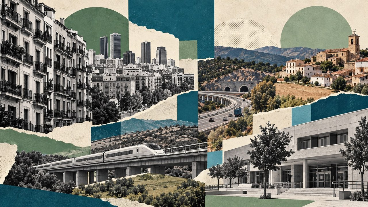 Bloques antiguos, torres nuevas, un tren y un pueblo: un collage de contrastes.
