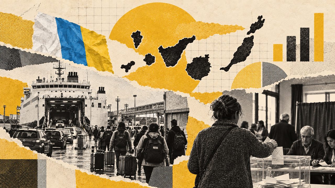 Collage sobre las elecciones en Canarias: la bandera, el mapa y vecinos votando.