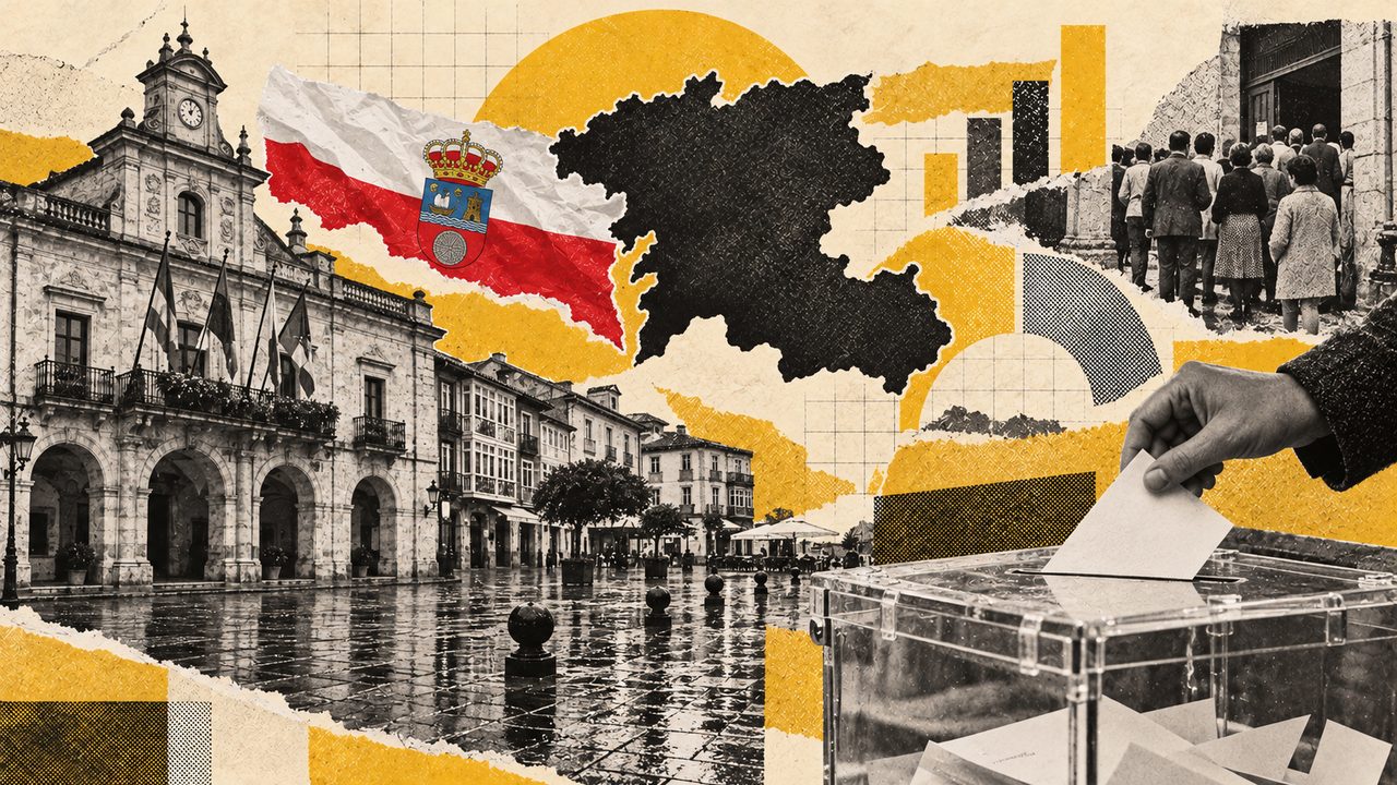 Collage sobre las elecciones en Cantabria: la bandera, el mapa y vecinos votando.