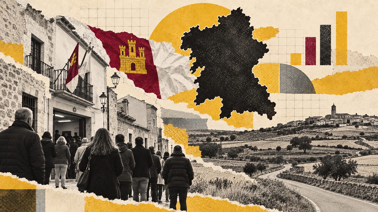 Collage sobre las elecciones en Castilla-La Mancha: la bandera, el mapa y vecinos votando.