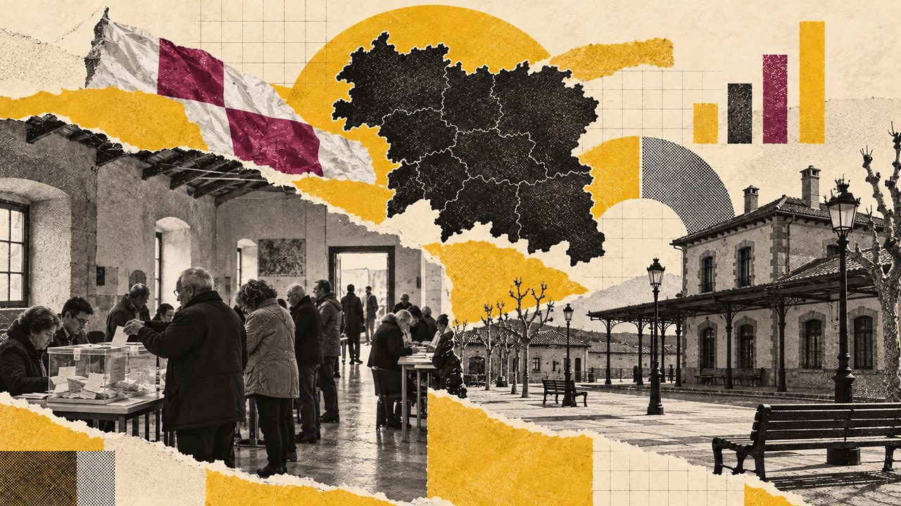 Collage sobre las elecciones en Castilla y León: la bandera, el mapa y vecinos votando.