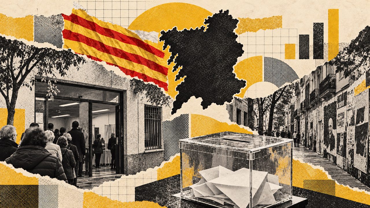 Collage sobre las elecciones en Cataluña: la bandera, el mapa y vecinos votando.