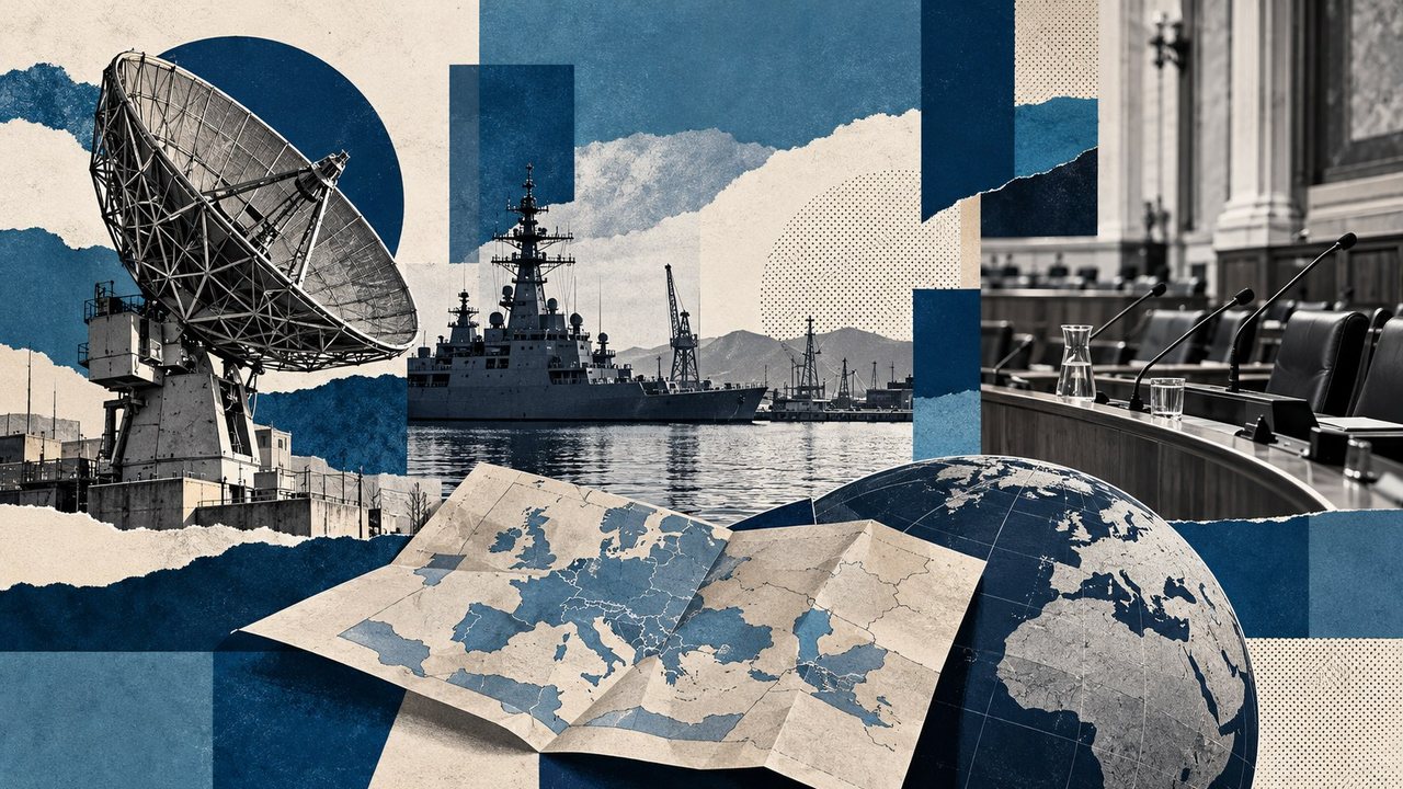 Un radar, un buque, un mapa y un hemiciclo: un collage.