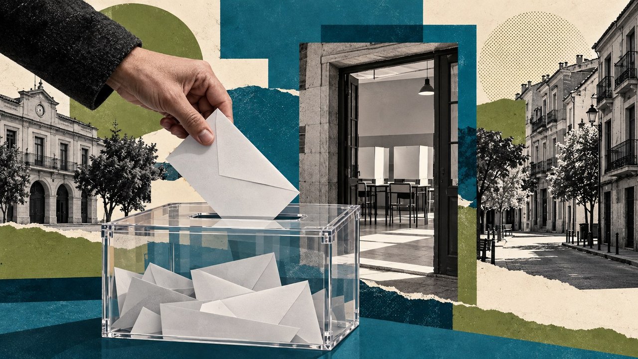 Una mano deposita un sobre en una urna transparente, frente a un colegio electoral vacío.
