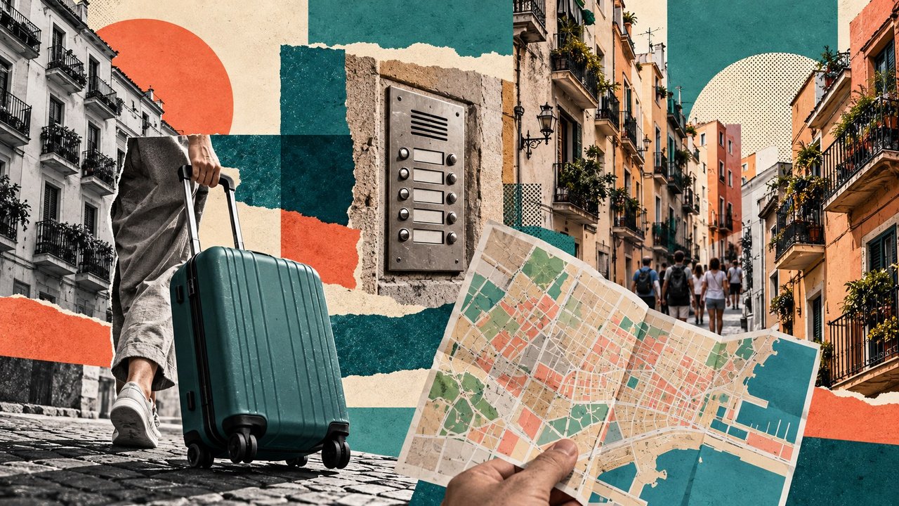 Una maleta, un portero automático y un plano en la mano, entre calles estrechas.