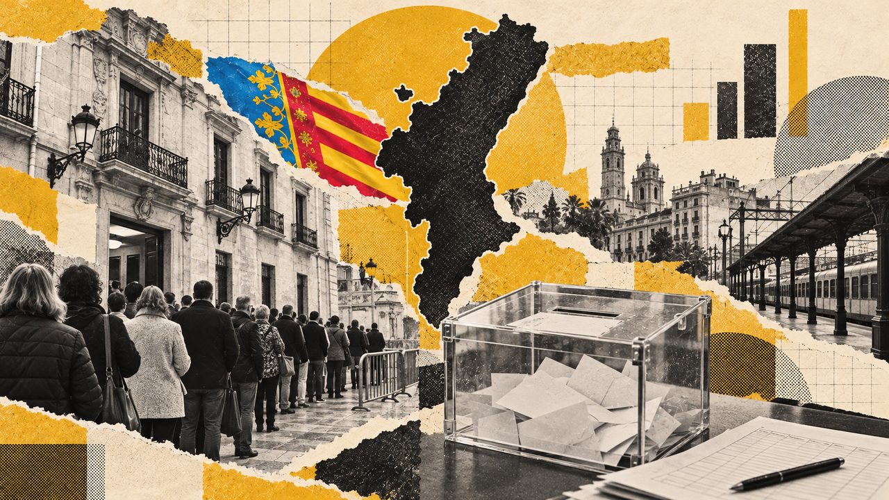 Collage sobre las elecciones en Comunitat Valenciana: la bandera, el mapa y vecinos votando.