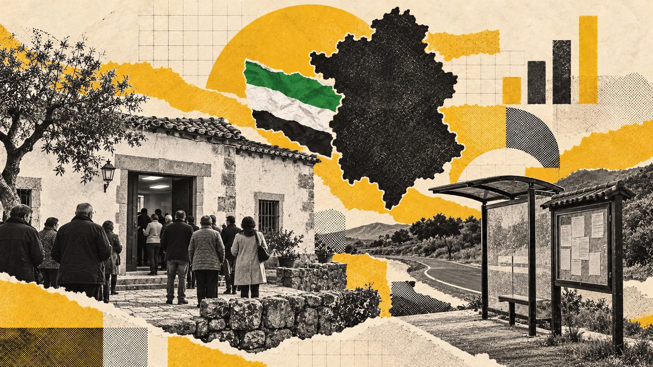Collage sobre las elecciones en Extremadura: la bandera, el mapa y vecinos votando.