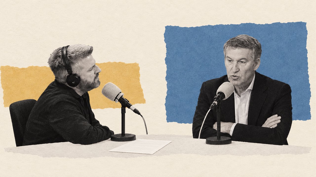 Alberto Núñez Feijóo, ante el micrófono de un estudio de radio frente a su entrevistador: un collage.
