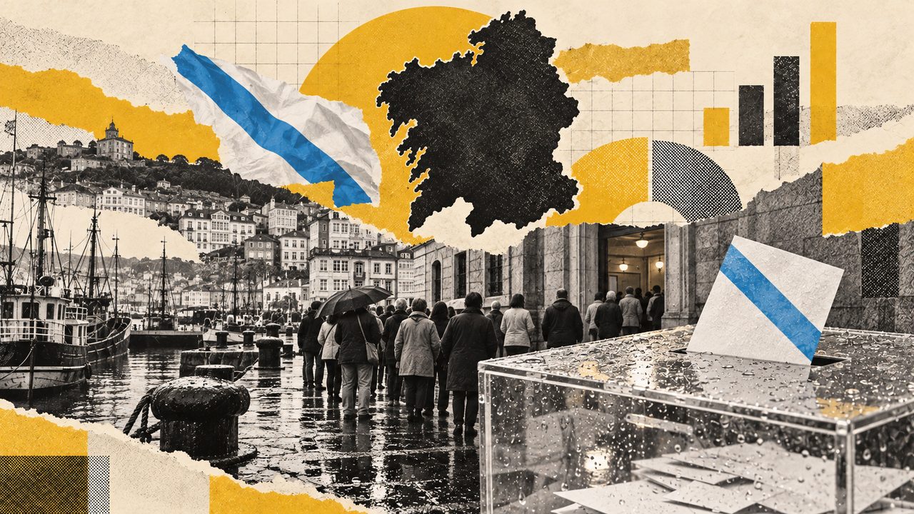 Collage sobre las elecciones en Galicia: la bandera, el mapa y vecinos votando.