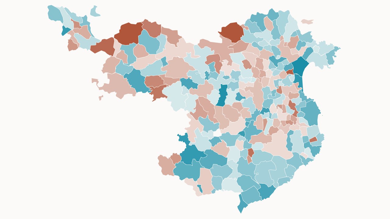 Mapa de la diferencia de participación entre 1936 y 2023 en los municipios de la provincia de Girona