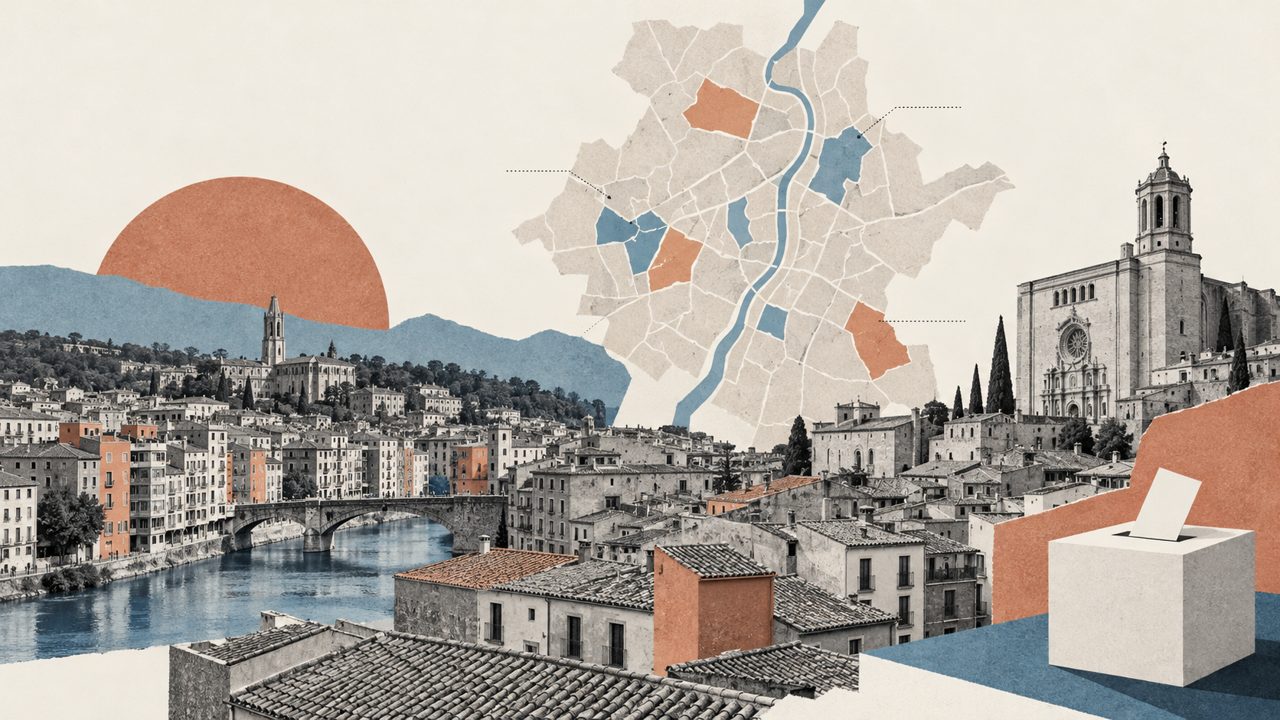 Girona, l'Onyar i la Catedral, amb el mapa de les seccions: un collage.