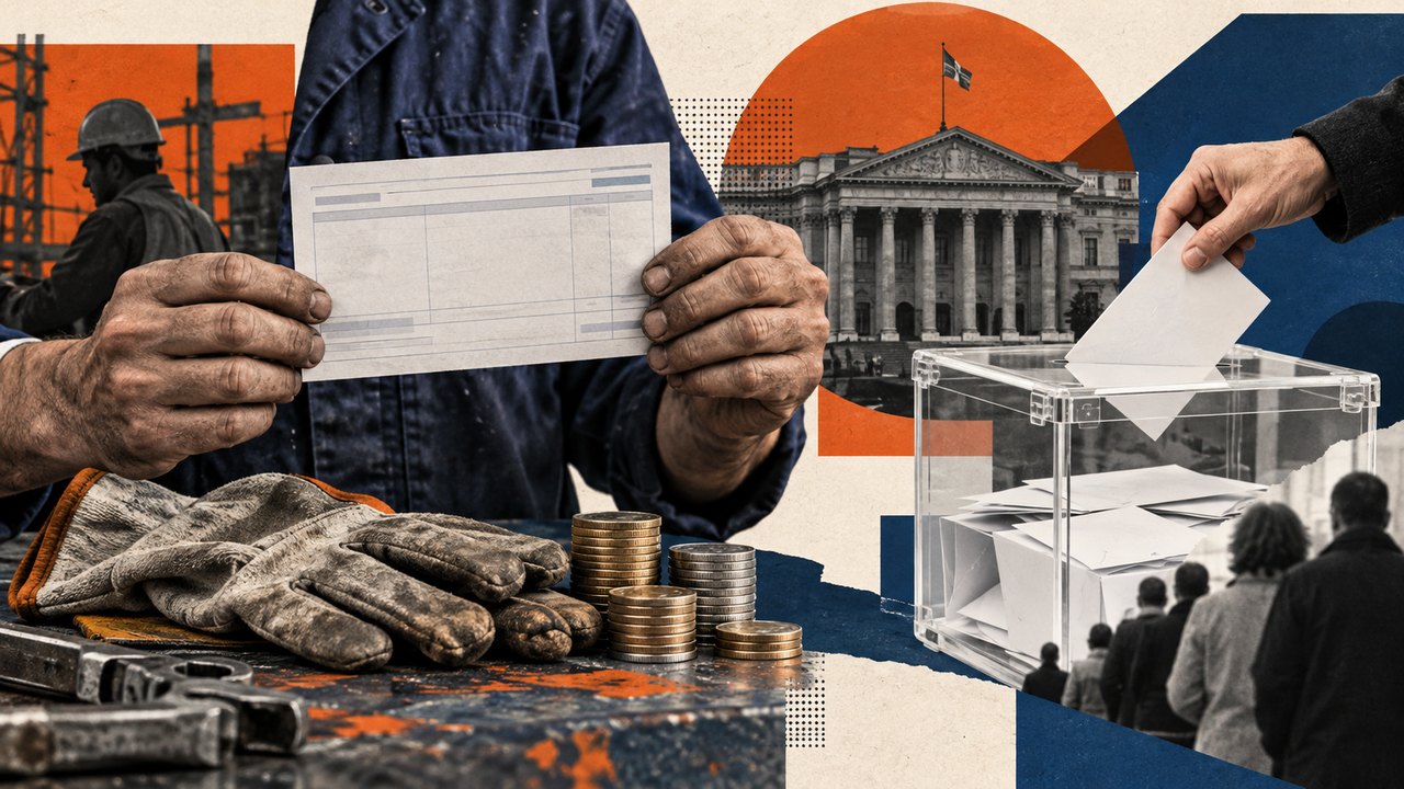 Una nómina, monedas y herramientas de trabajo junto a una urna.