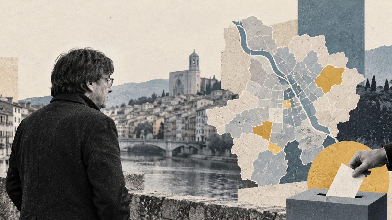 Puigdemont davant de l'Onyar i el mapa de les seccions de Girona: un collage.