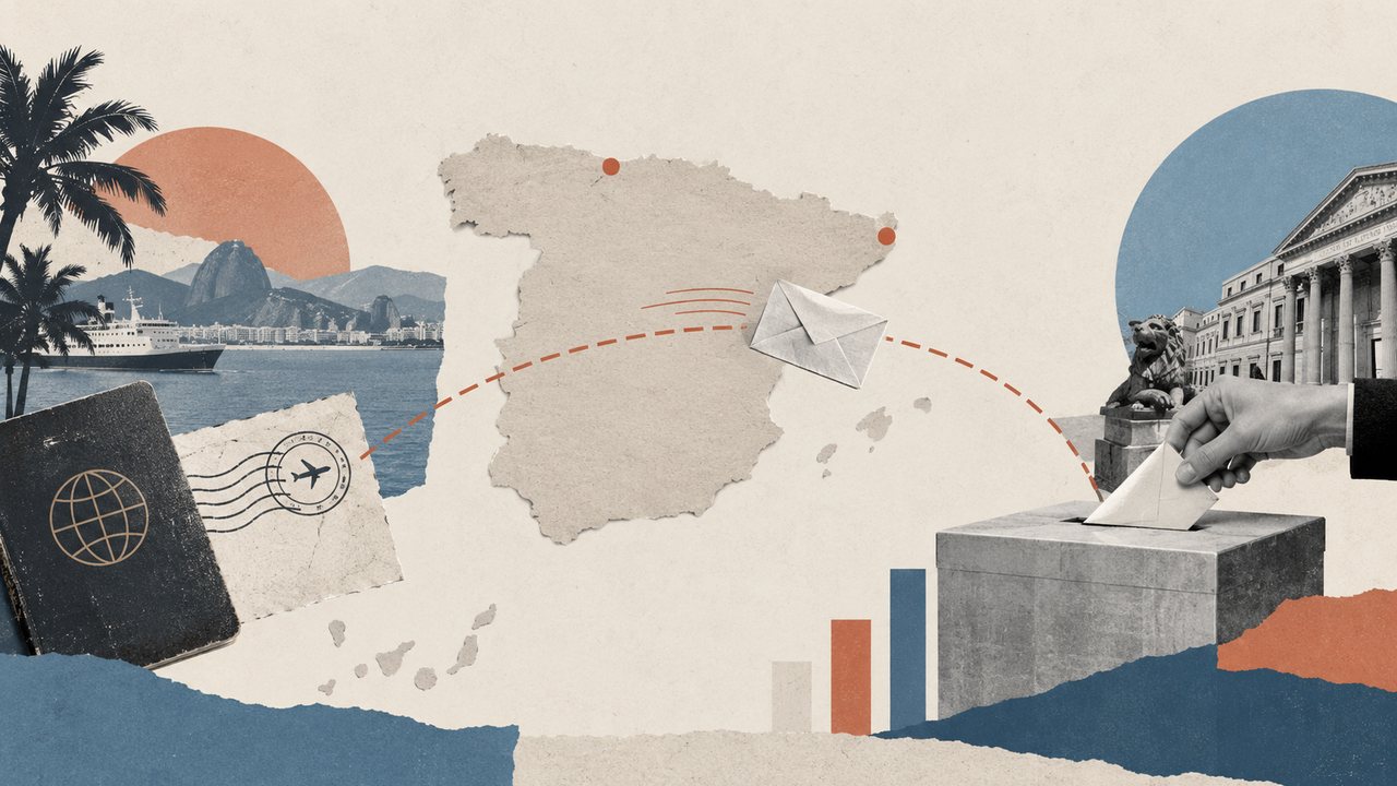 Un pasaporte, un sobre que cruza el mapa de España y una urna ante el Congreso: un collage.
