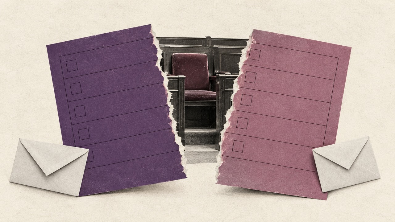 Dos papeletas, una morada y otra rosa, rasgadas a cada lado de un escaño vacío del Congreso, con dos sobres: un collage.