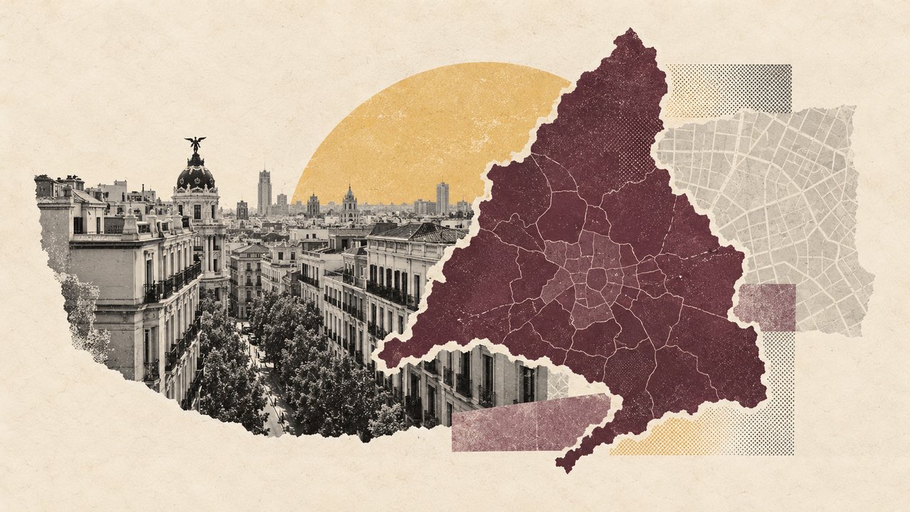 La Gran Vía y el edificio Metrópolis junto a un mapa de Madrid y un plano de calles, en collage.