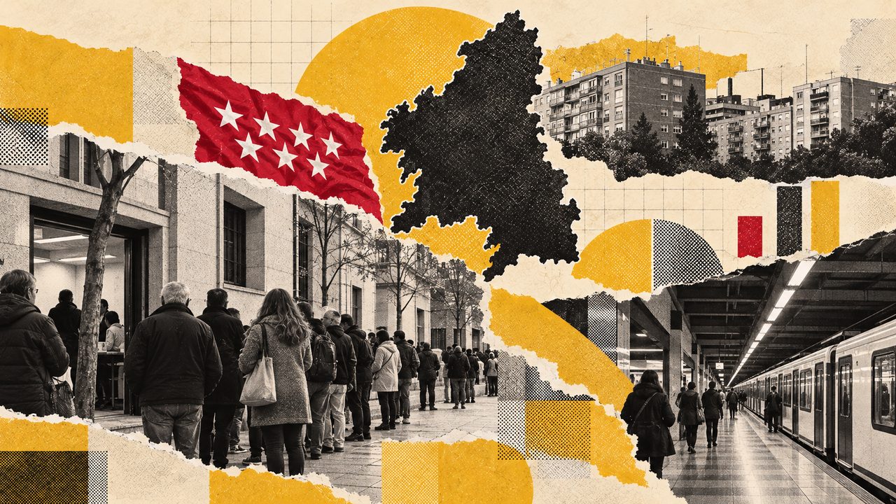 Collage sobre las elecciones en Comunidad de Madrid: la bandera, el mapa y vecinos votando.