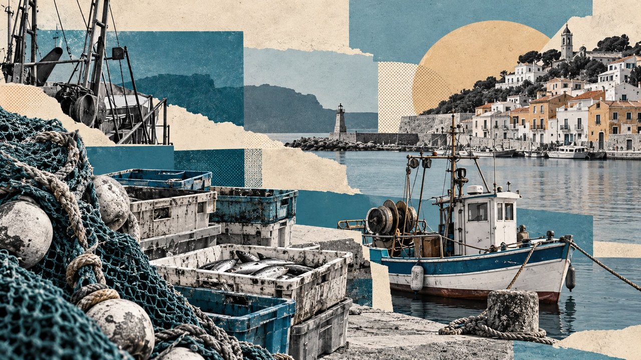 Redes, cajas de pescado y un puerto: un collage costero.