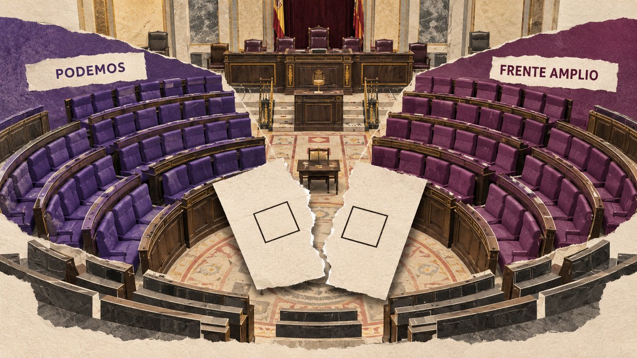 El hemiciclo del Congreso partido en dos bloques morados, Podemos y Frente Amplio, con una papeleta rota en medio: un collage.