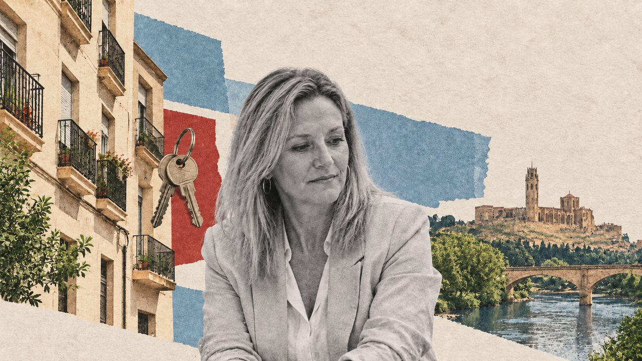 Montse Mínguez, unas llaves, un bloque de pisos y la Seu Vella de Lleida sobre el Segre: un collage.