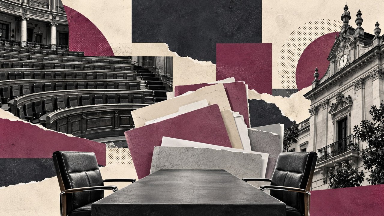 El hemiciclo del Congreso, una mesa con carpetas y un ayuntamiento.