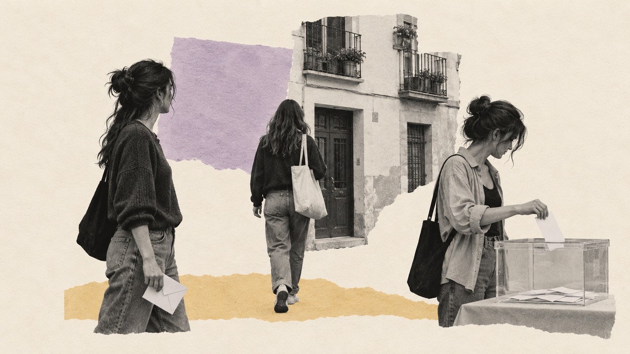 Tres mujeres jóvenes con su sobre camino de la urna: un collage.