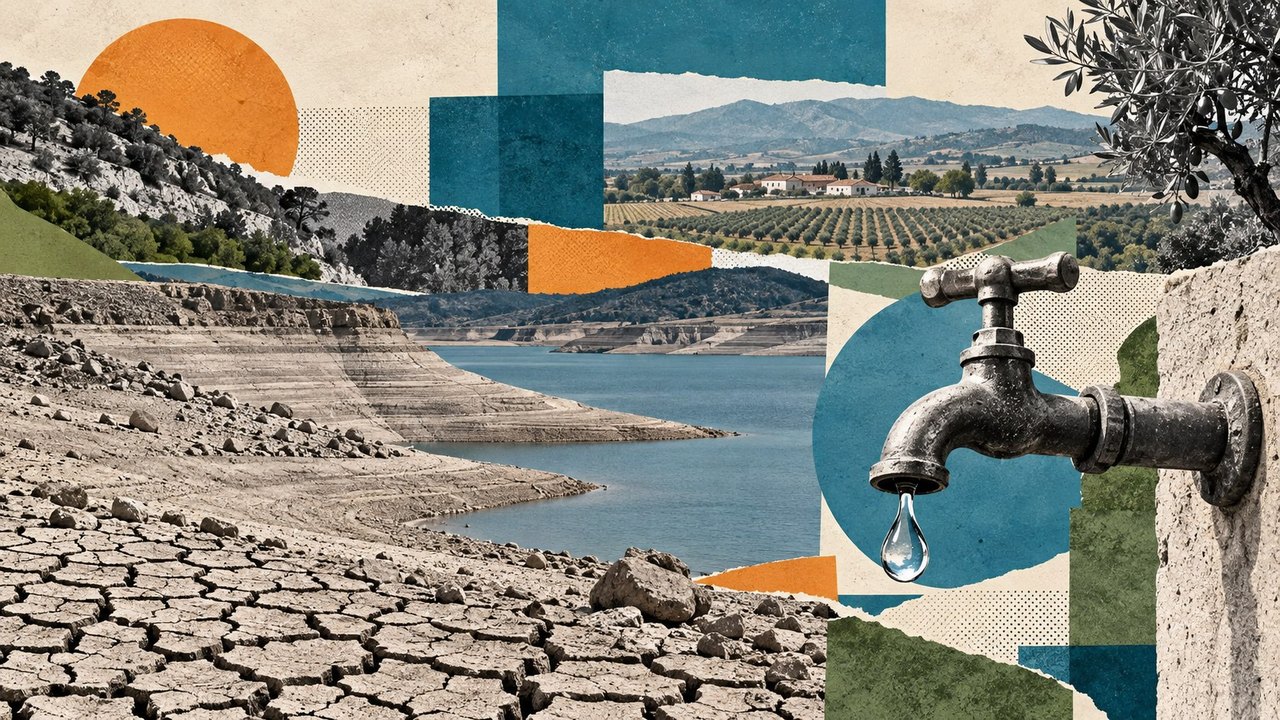 Tierra seca, un embalse y un grifo: el agua en el paisaje, en collage.