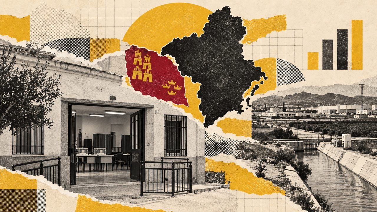 Collage sobre las elecciones en Región de Murcia: la bandera, el mapa y vecinos votando.
