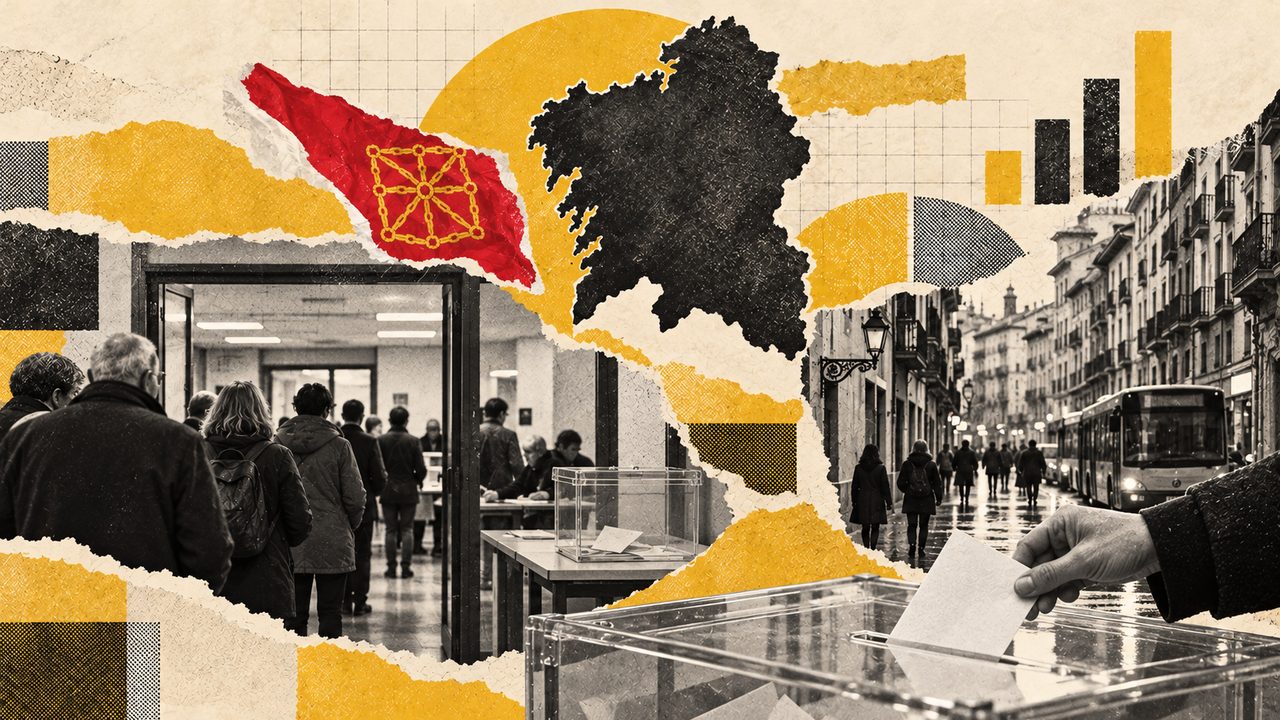 Collage sobre las elecciones en Navarra: la bandera, el mapa y vecinos votando.
