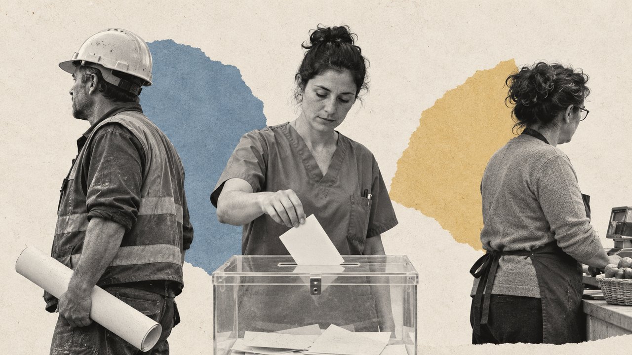 Un obrero con casco y planos, una sanitaria que vota en una urna transparente y una tendera tras el mostrador.