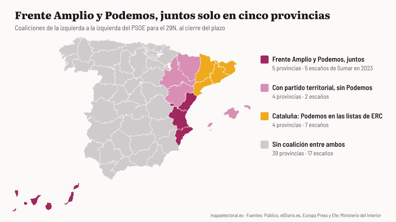 Las coaliciones de la izquierda a la izquierda del PSOE para el 29N, provincia a provincia.